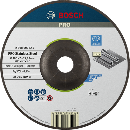 Disco abrasivo Bosch PRO de acero inoxidable de 180 x 7 mm para acero inoxidable.